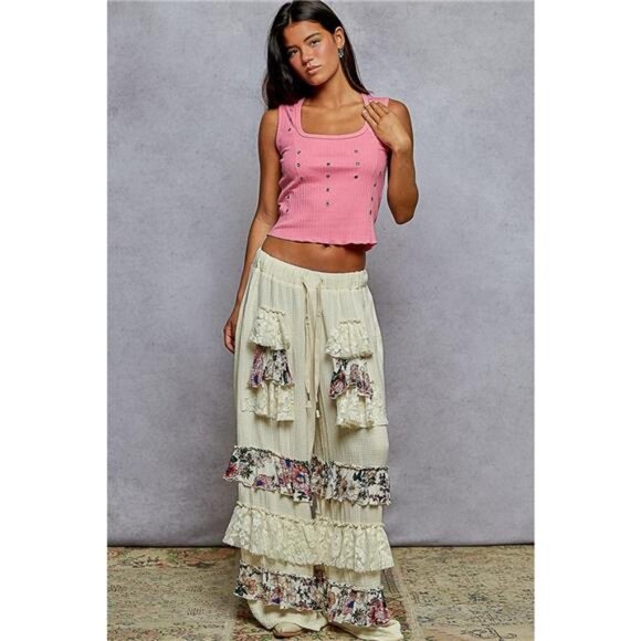 POL Drawstring Double Gauze Wide Leg Pants with Print and Lace Ruffle - Picture 4 of 5